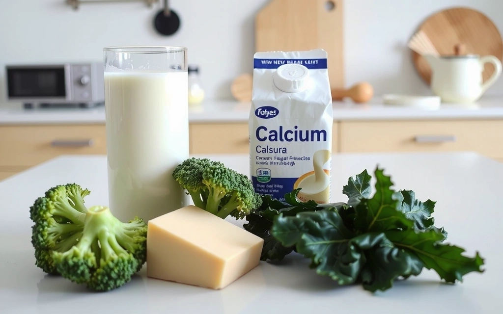 Dairy products, green leafy vegetables, and a glass of milk, symbolizing calcium sources.
