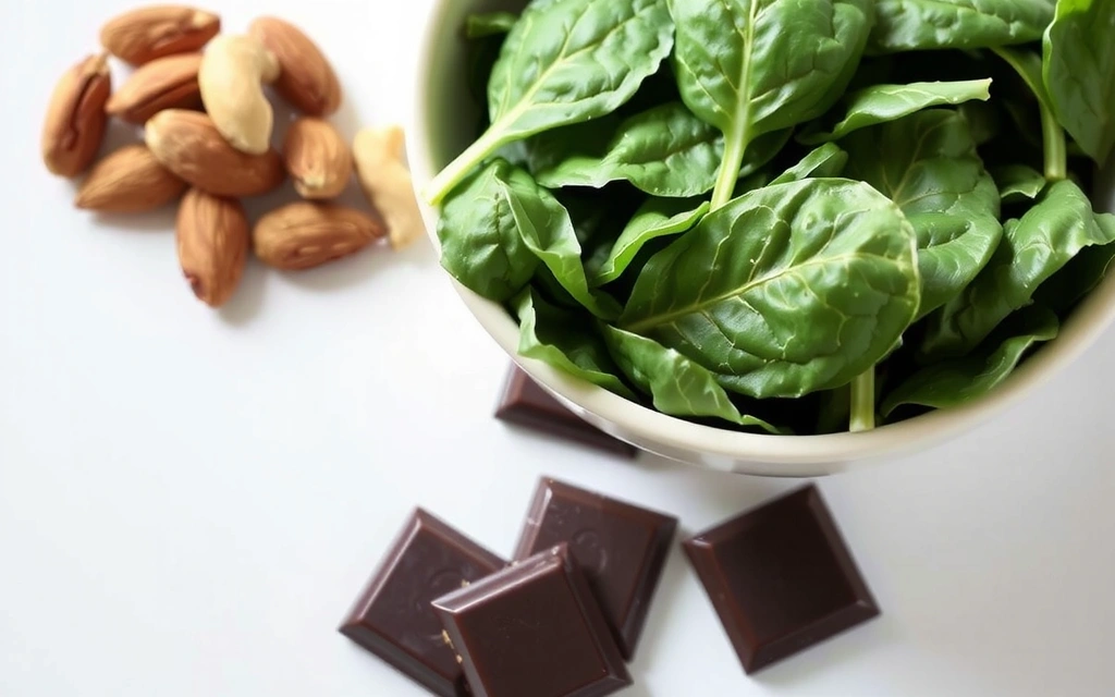 Green leafy vegetables, nuts, and dark chocolate, symbolizing magnesium sources.