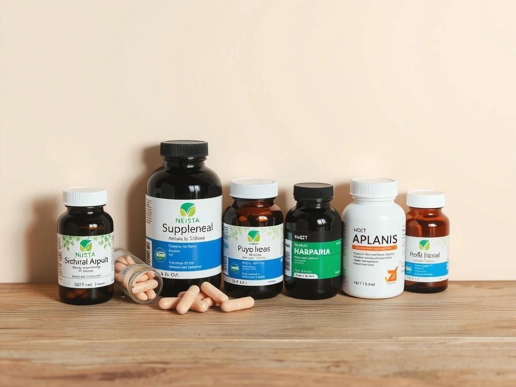 O imagine curată și minimalistă cu diverse sticle de suplimente și capsule pe o suprafață de lemn natural.