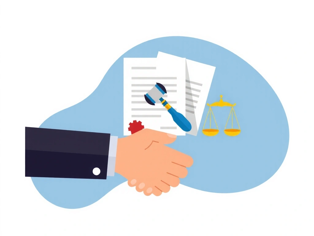 Imagine abstractă reprezentând legalitate și acorduri, cu simboluri de justiție și documente